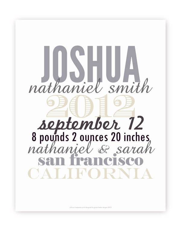 Boy Birthdate Poster in Grey, Black, Cream - Personalize with Birth or Adoption Details, 11 X 14