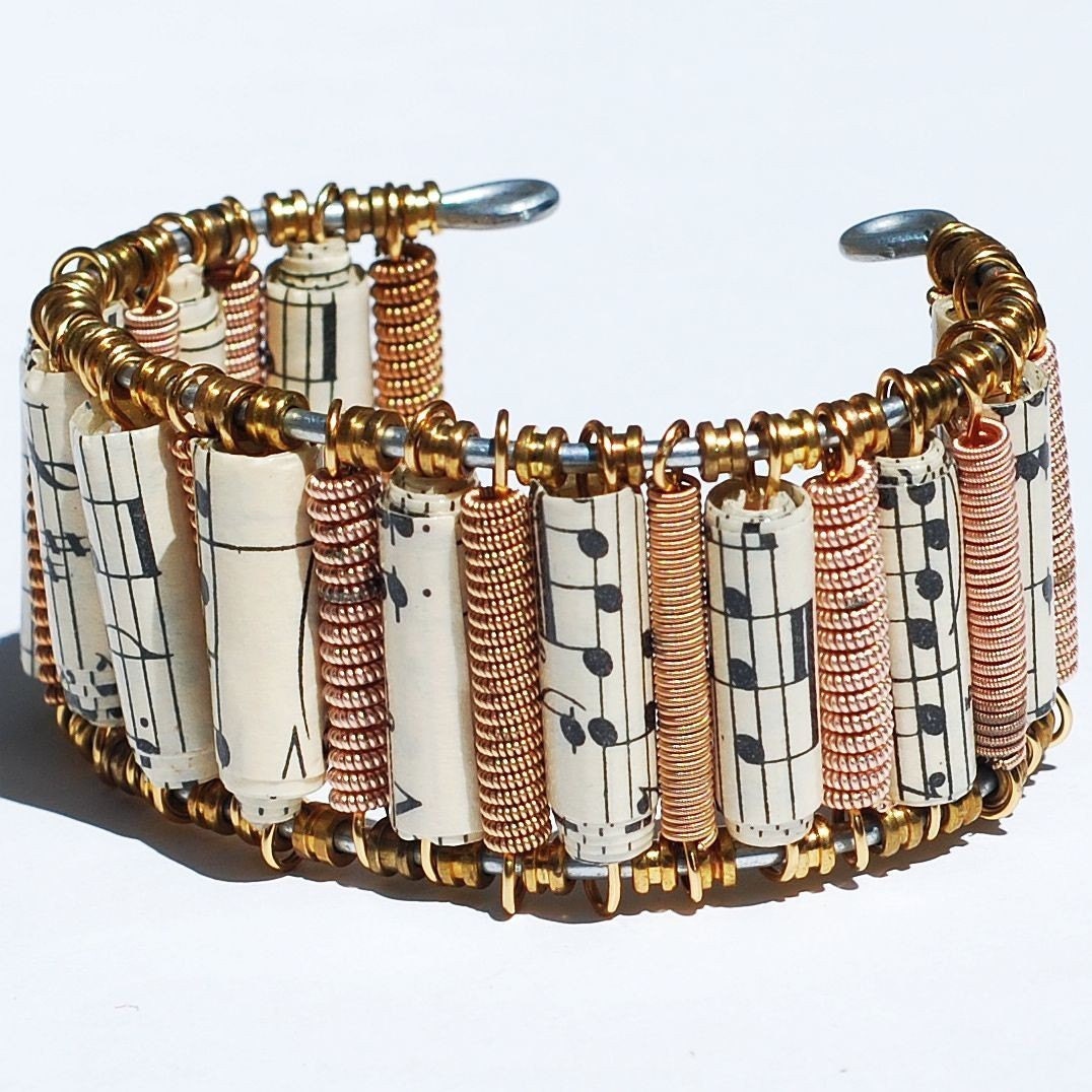 Guitar String Bracelet- Upcycled Sheet Music Paper Bead Bronze Cuff Bracelet