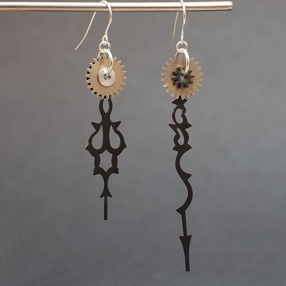 Steampunk Earrings- Clock Hand & Silver Gear Earrings
