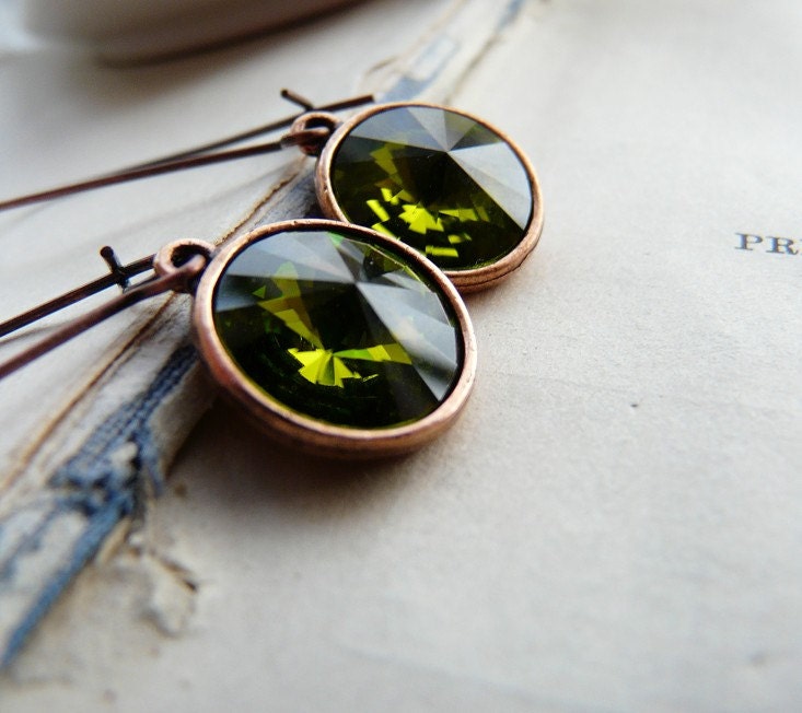 STORE CLOSING SALE- A walk with the trees - Olive green and antiqued copper Swarovski crystal earrings