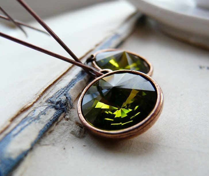 STORE CLOSING SALE- A walk with the trees - Olive green and antiqued copper Swarovski crystal earrings