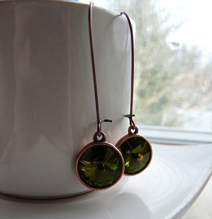 STORE CLOSING SALE- A walk with the trees - Olive green and antiqued copper Swarovski crystal earrings