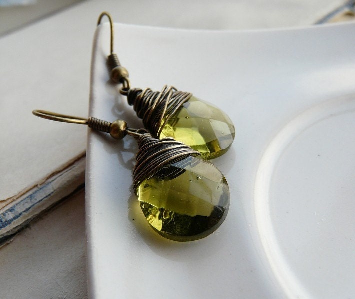 Olive juice - Antiqued brass wire wrapped light olive green glass earrings