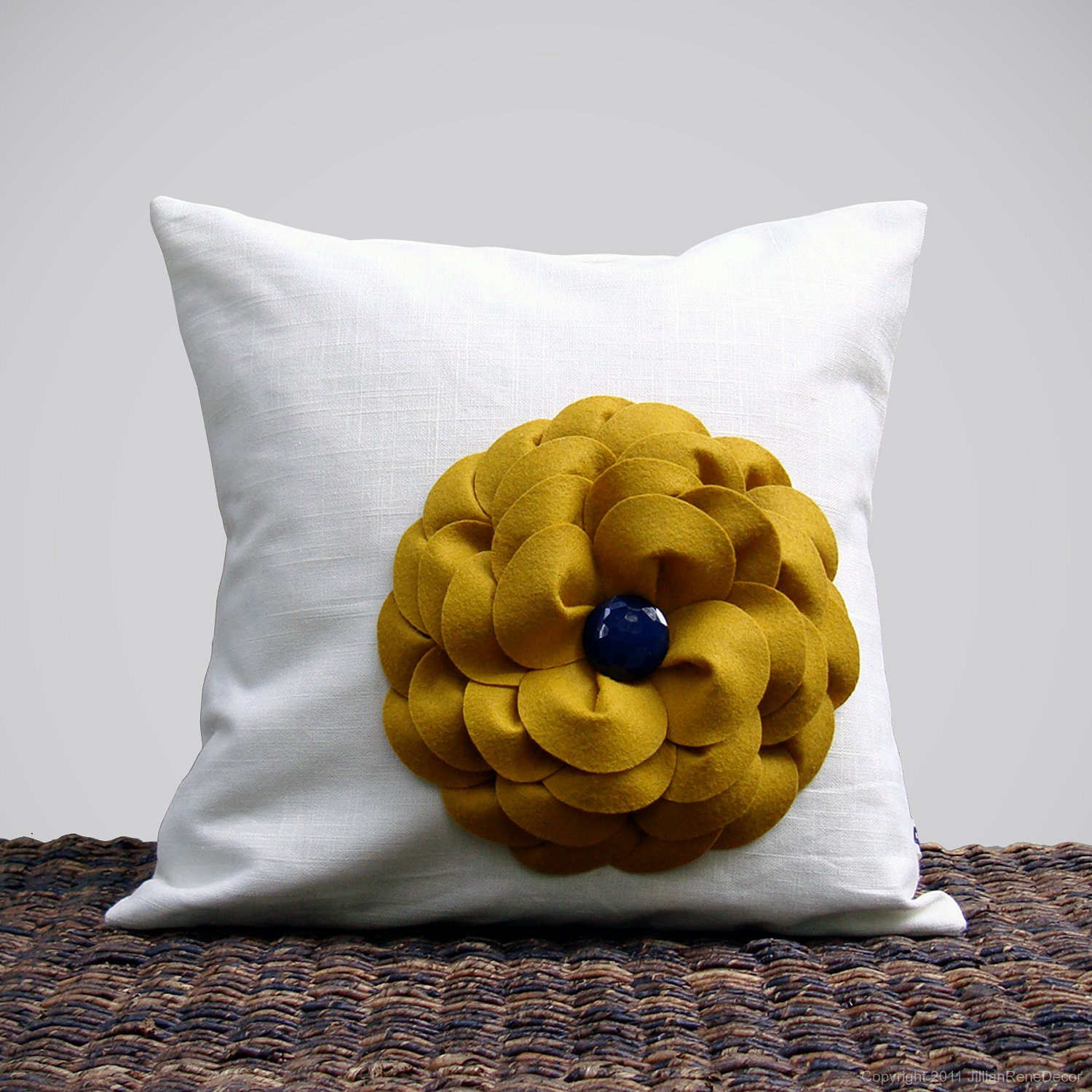 16" DECORATIVE PILLOW COVER - Mustard Yellow Felt Flower - Navy Blue Retro Honeycomb Dome Button - Cream Linen by JillianReneDecor