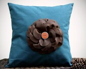16" DESIGNER PILLOW COVER - Teal Linen Brown Felt Flower with Turquoise and Rust Buttons Gift for Her Under 55 by JillianReneDecor - JillianReneDecor