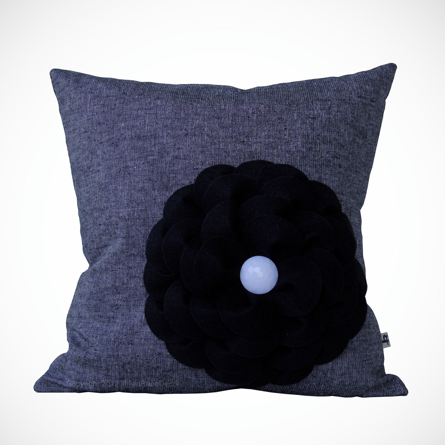 16" DESIGNER PILLOW - Black Felt Flower - White Honeycomb Dome Button - Black White Silver Thread Linen by JillianReneDecor Ready to Ship - JillianReneDecor