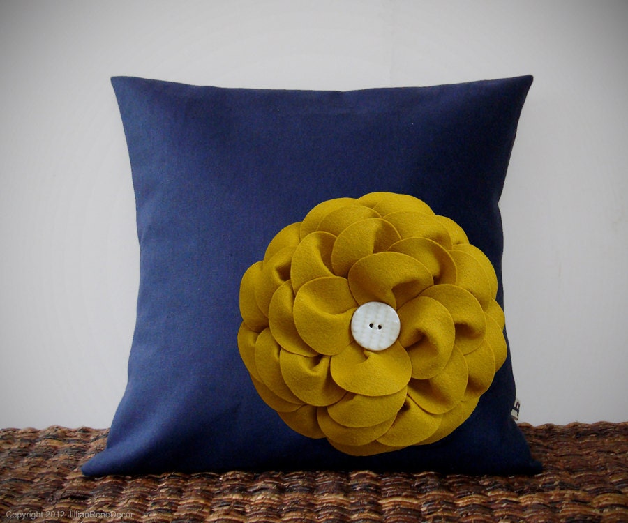 Mustard Yellow Felt Flower Navy Blue Linen 16" PILLOW COVER by JillianReneDecor Ceramic Button Detail Spring Home Decor Bedding Sofa Accent