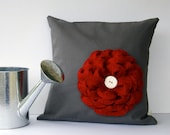 16" DESIGNER PILLOW Red Felt Flower Charcoal Gray Linen White Ceramic Button by JillianReneDecor Spring Home Decor
