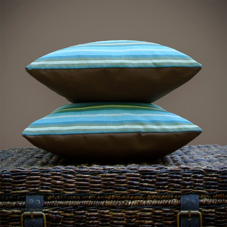 16 inch Teal Stripe THROW PILLOW - Cream Olive Turquoise Stripe - Chocolate Brown by JillianReneDecor Home Decor Gift (Ready to Ship)