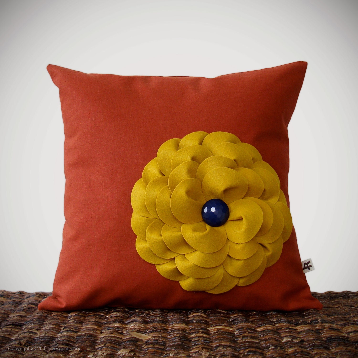 Mustard Yellow Felt Flower Pillow Navy Button Rust Linen 16" DECORATIVE PILLOW COVER by JillianReneDecor Color Block Home Decor