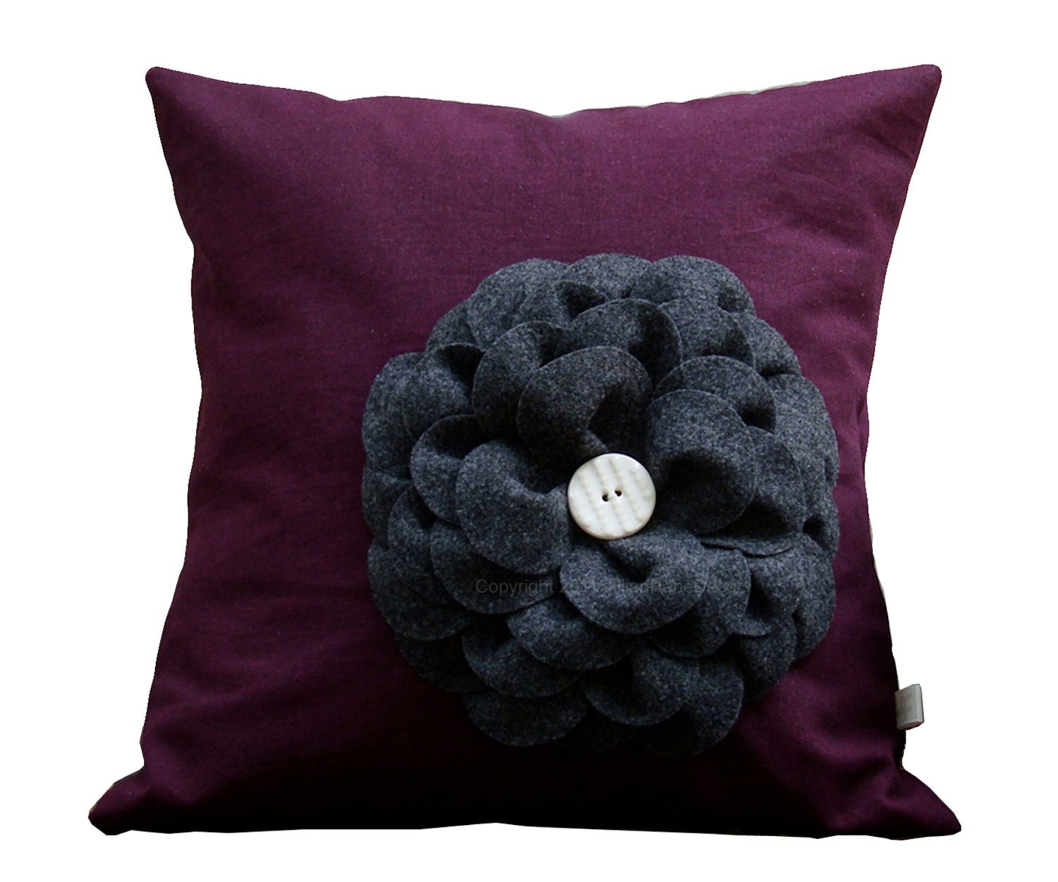Purple Linen - Charcoal Gray Felt Flower 16" DECORATIVE PILLOW COVER - Ceramic Button Home Decor Gift for Her by JillianReneDecor