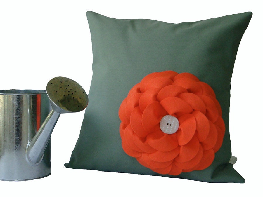 Coral Felt Flower PILLOW COVER in Pale Mint Green Floral Home Decor by JillianReneDecor (Ready to Ship)