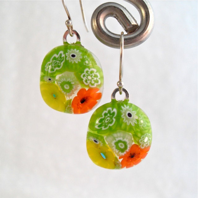 Earrings Dangle Jewelry Millefiori Fused Glass Artisan Minnesota Handmade Handcrafted Field of Poppy