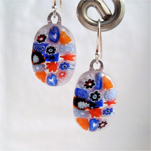 Millefiori Fused Glass Earrings Artisan Handcrafted Jewelry Patriotic Posies