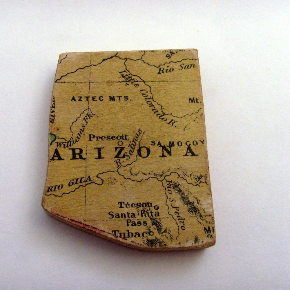 ARIZONA Brooch - Lapel Pin / Antique Gold / Upcycled 1887 Antique Wood Geography Map Piece / Wearable History / OOAK