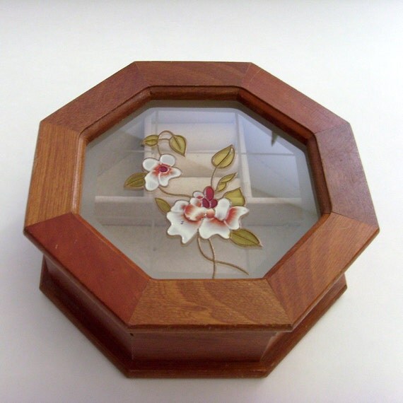 Vintage Octagonal Wood Jewelry Box with Glass Flower by ME2Designs