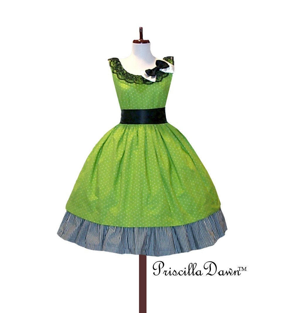 Custom in Your Size Sweet Green Polkadotted Rockabilly Dress with Underskirt