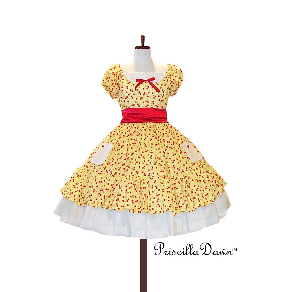 Puffed sleeved Rockabilly Cherry Dress with custom colors----- custom in your size