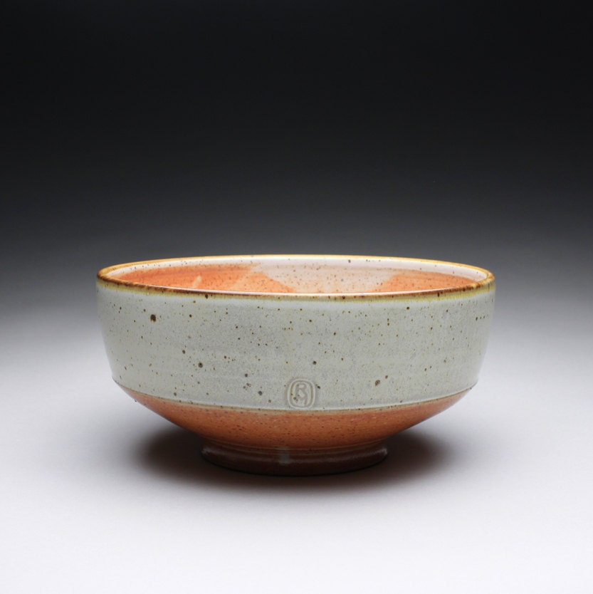 serving bowl - large pottery bowl with creamy white and orange shino glazes