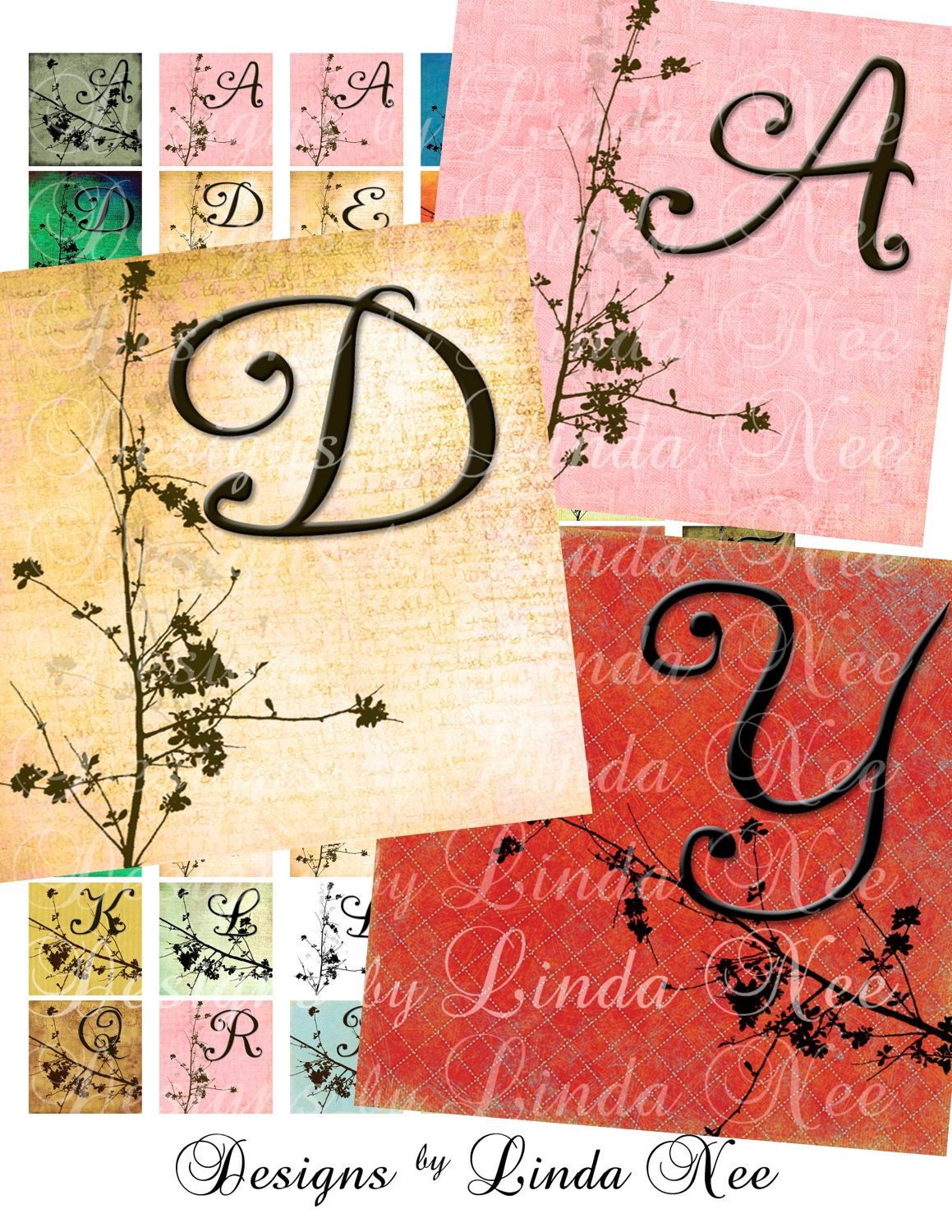 Dogwood Days and Cherry Blossoms INITIALS .75 x .83 SCRABBLE Inch Images Buy 2 Get 1 Sale Digital Collage Sheet printable stickers