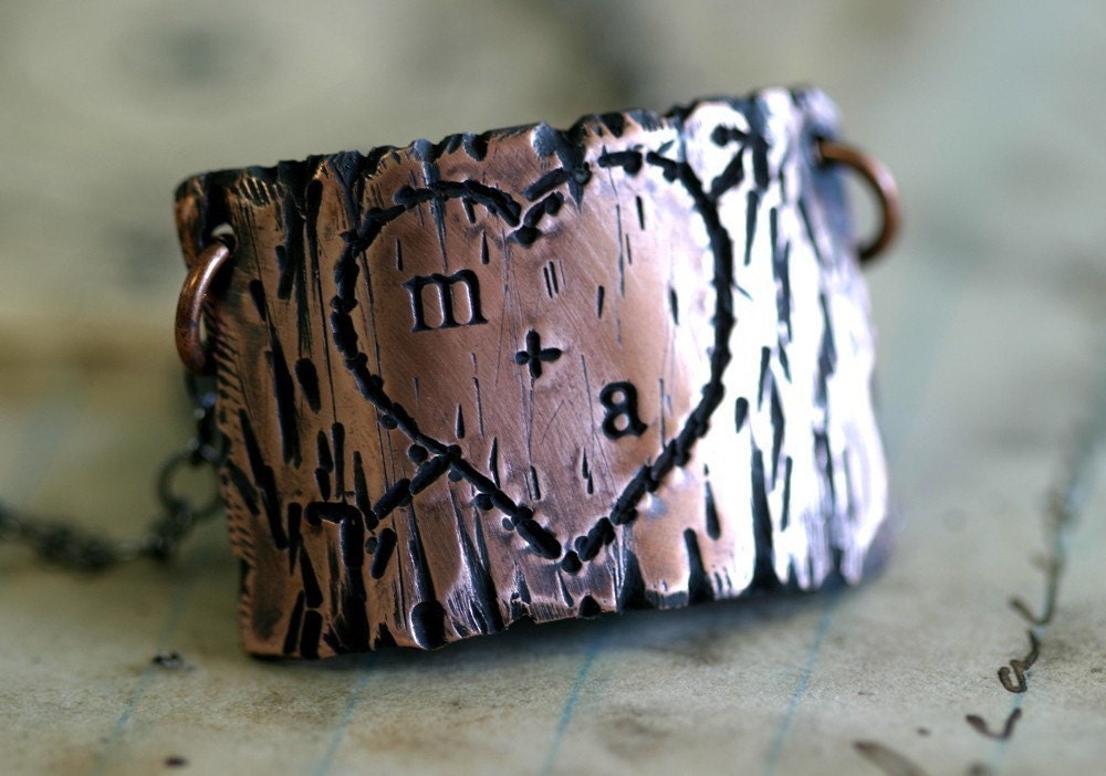 Tree Bark Lovers Carving Copper Necklace (E0263)