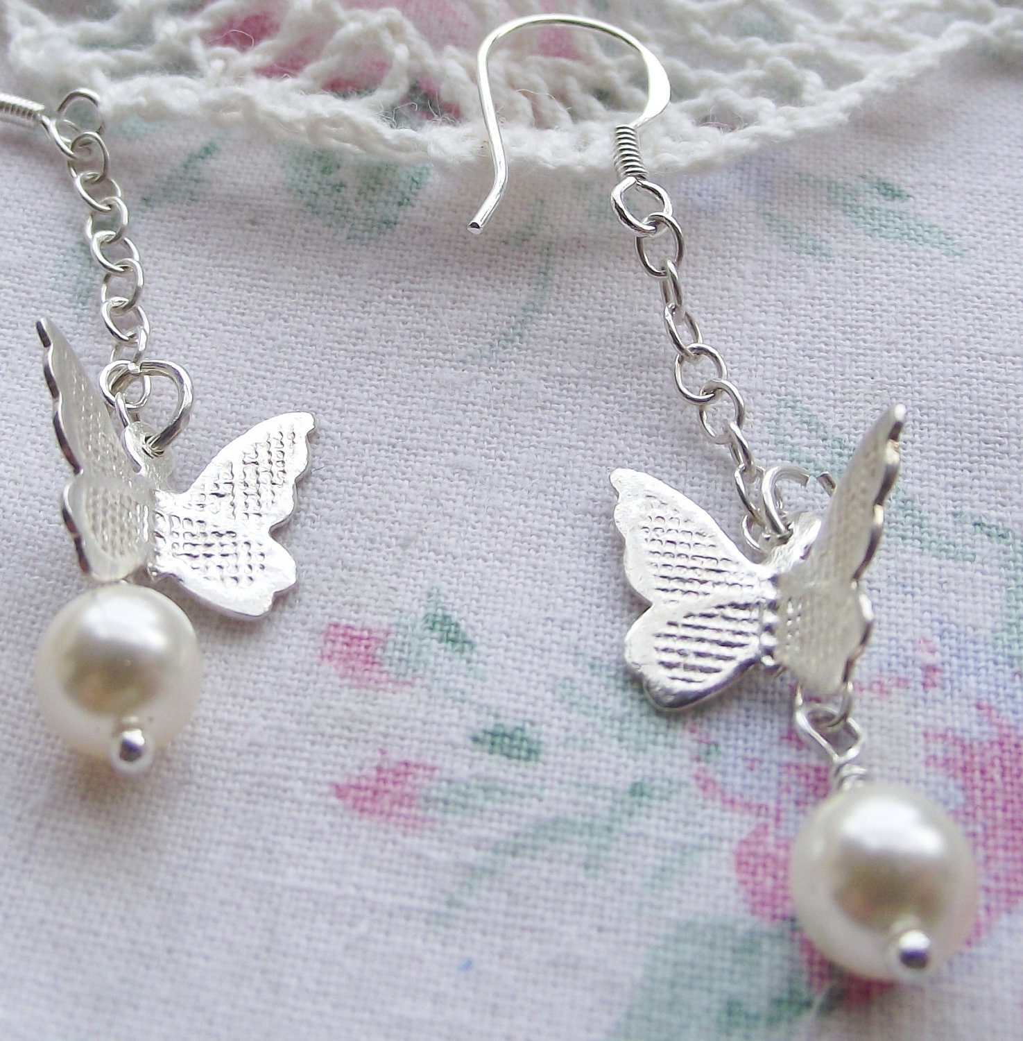 Earrings..silver..butterfly..pearl..wedding bridal