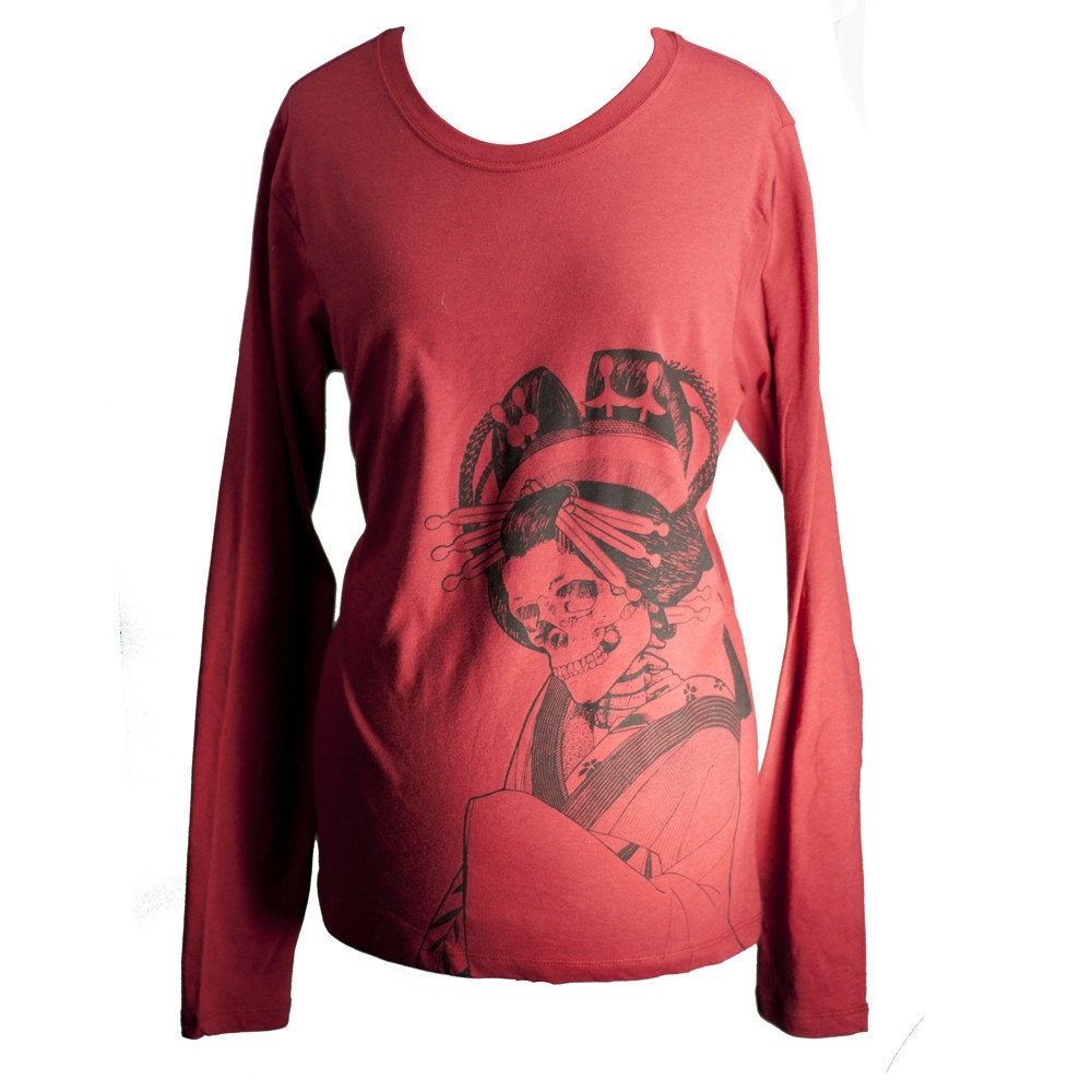 Red Japanese Oiran Long Sleeved Screen Printed Shirt - Size S