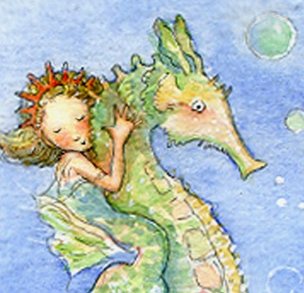 Under the Sea -  Seahorse and Mermaid Signed Print