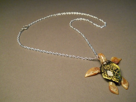 Glass Sea Turtle Pendant, on silver chain or adjustable choker