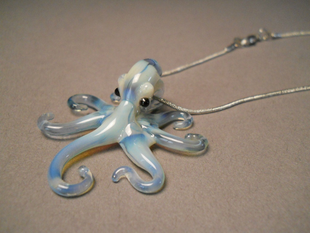 Blown-glass Pearl Blue Octopus Pendant Necklace on a Silver Chain