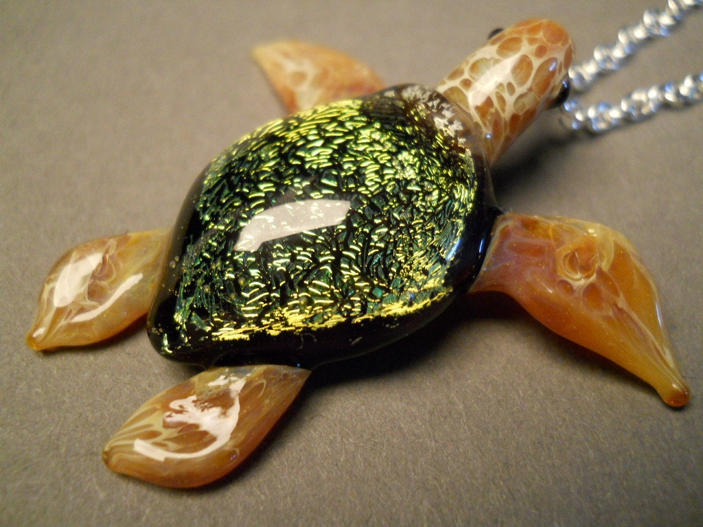 Glass Sea Turtle Pendant, on silver chain or adjustable choker