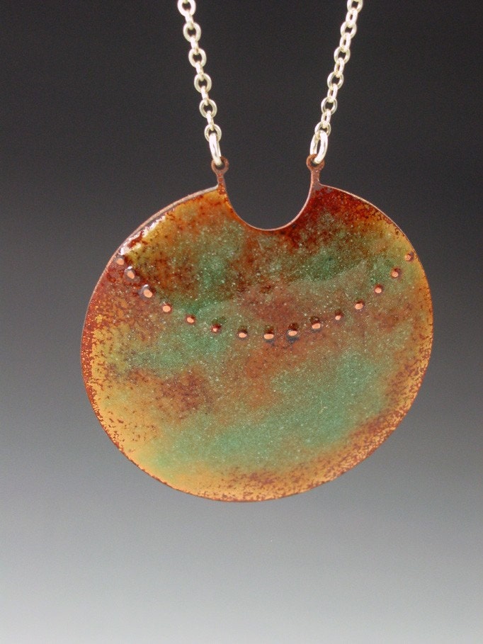 SALE 20% OFF- Large Earthy Turquoise Enamel Disc Necklace With Raised Dots