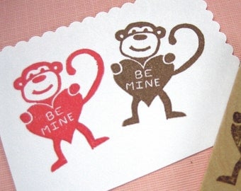 Love Monkey, Be Mine Hand Carved Rubber Stamp Valentines