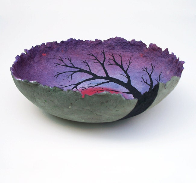 violet sundown, decorative landscape handmade paper bowl, large size