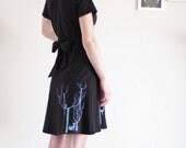 Size Large Black Cotton Party Dress - Handmade appliqué dress - V-neck Knee Length Dress-Lovely Neighbors From the Woods