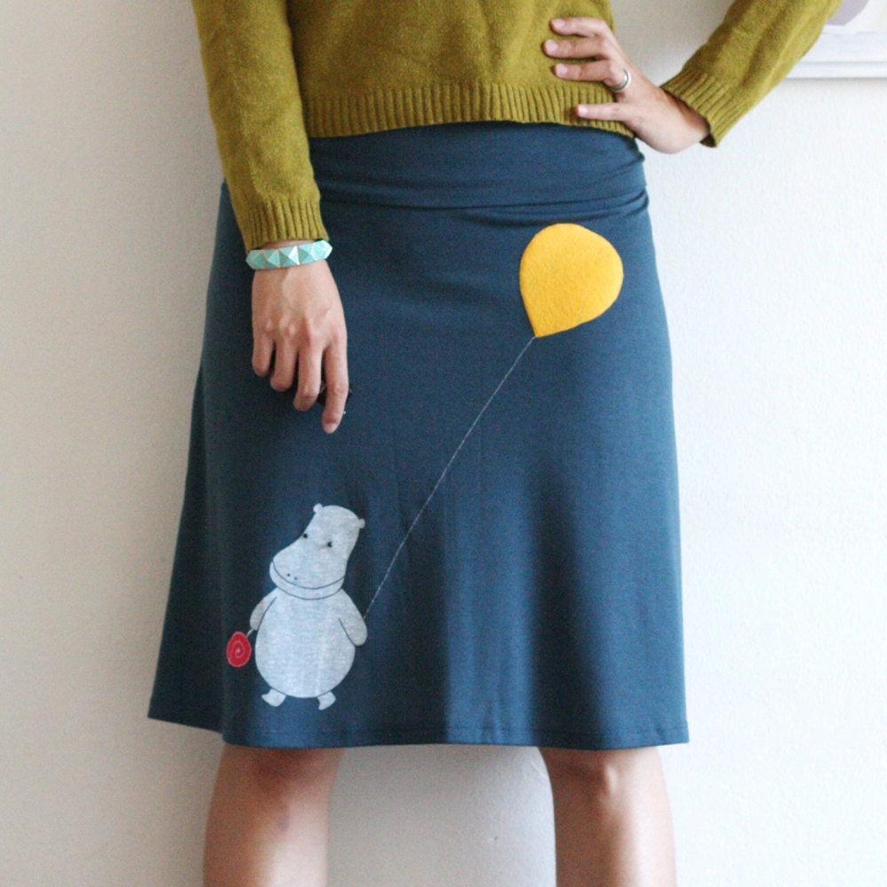 Womens Fashion - Handmade Applique Skirt . Teal Blue Knee Length A line Skirt - Happy hippopotamos-size XL