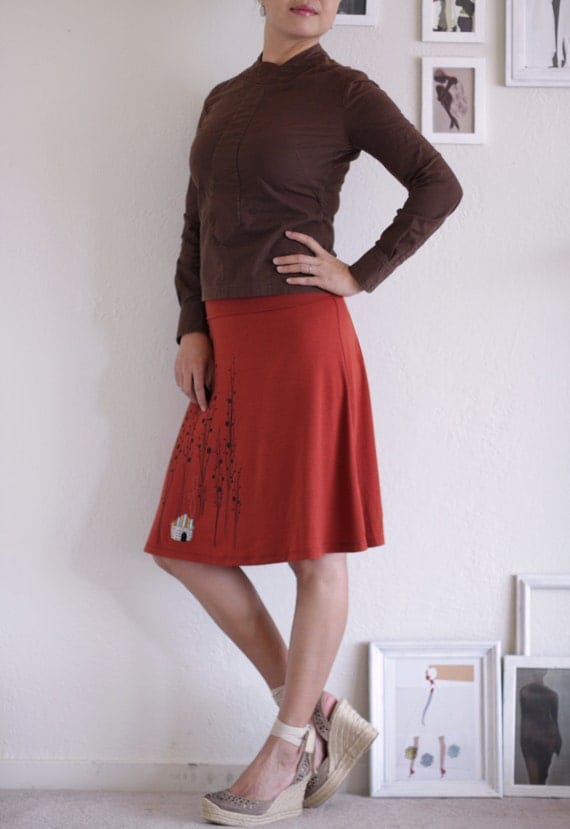 Handmade Burnt Orange A-line Appliqué Adjustable Waistband Plus Size skirt- Surrounded by big trees - size XL