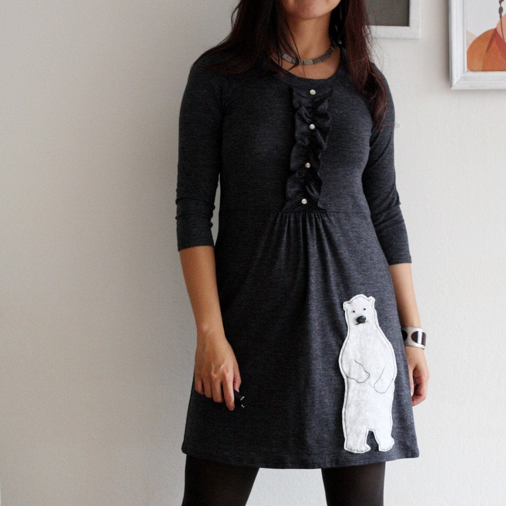 3/4 Sleeved Grey Dress with Sweet Polar Bear-size Small