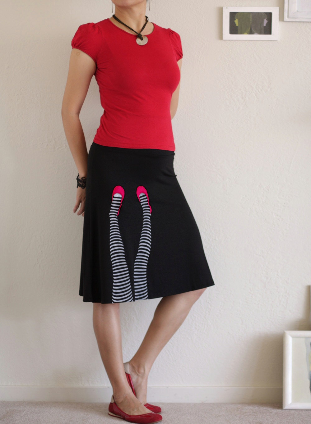 Black handmade knee length a-line skirt . plus size skirt -Legs on the wall-size Extra Large