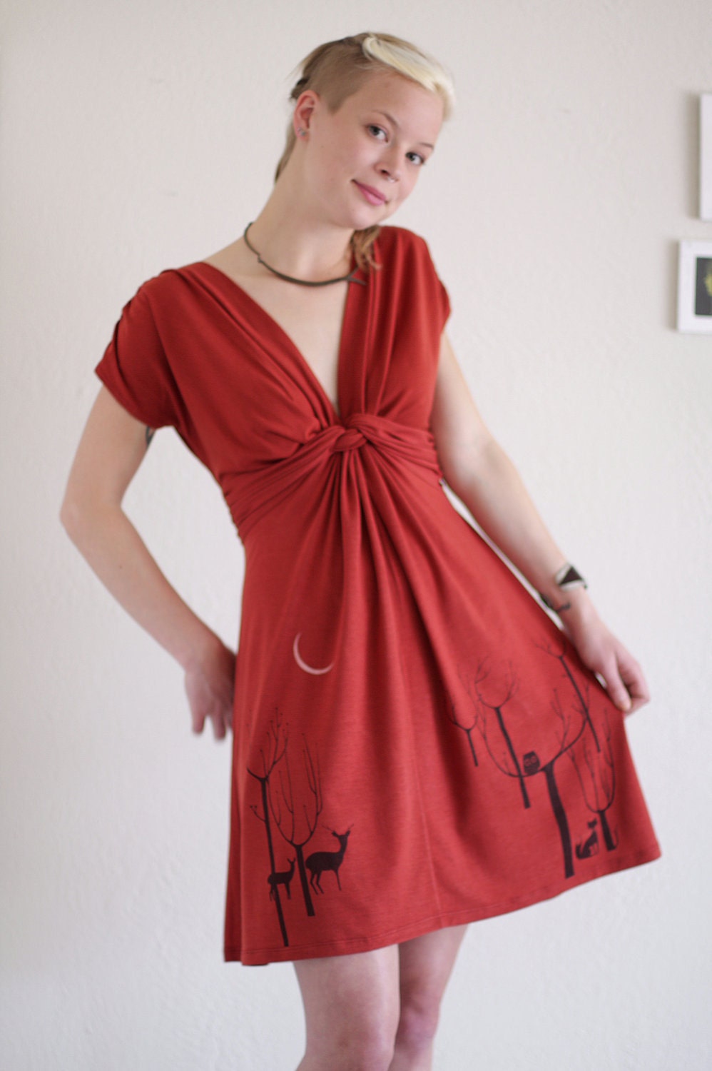 Rusty Orange Dress . V Neck Twist Front Dress . Super Soft Jersey Dress - Lovely Neighbors From the Woods - size Medium