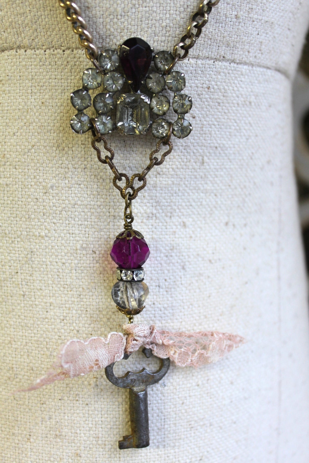 Vintage Rhinestones and Amethyst Color Joined for Unique One of a Kind Necklace- Dazzling Stuff