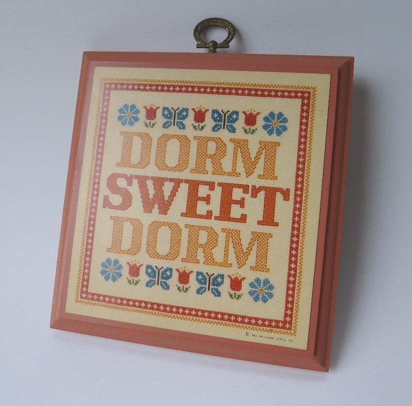 Vintage School Picture Hallmark Sampler Faux Embroidery Student Dormitory 1984  - Treasury Item