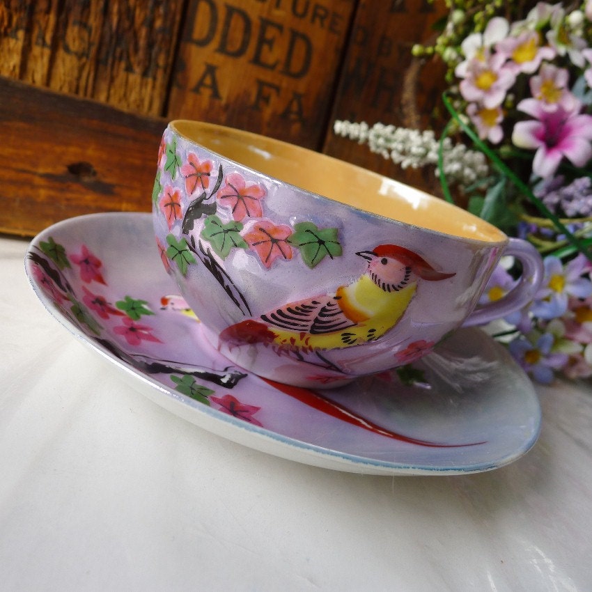 Vintage Lustreware Teacup & Saucer Exotic Bird Hand Painted c. 1930's Japan Pre WWII - Treasury Item