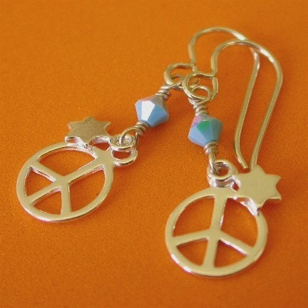 Peace & Star of David Earrings, Blue Crystals
