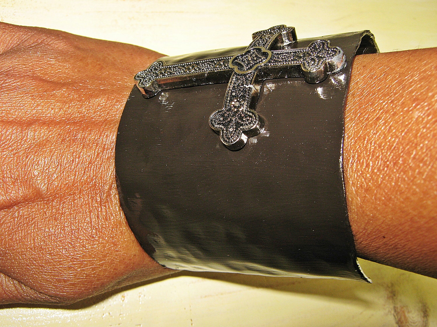 Black Metal Wide Cuff Bracelet - Metal Cross - Rocker Jewelry - Goth Jewelry