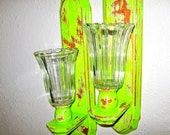 Lemon Grass Green Distressed  Pillar Candle Holders-  Taper Candle Holders- Wood and Glass - Wall Scones - (2)
