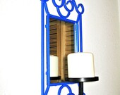 Wrought Iron Wall Mirror - Pillar Candle Holder, Cobalt Blue and Black, Candle Holder and Mirror