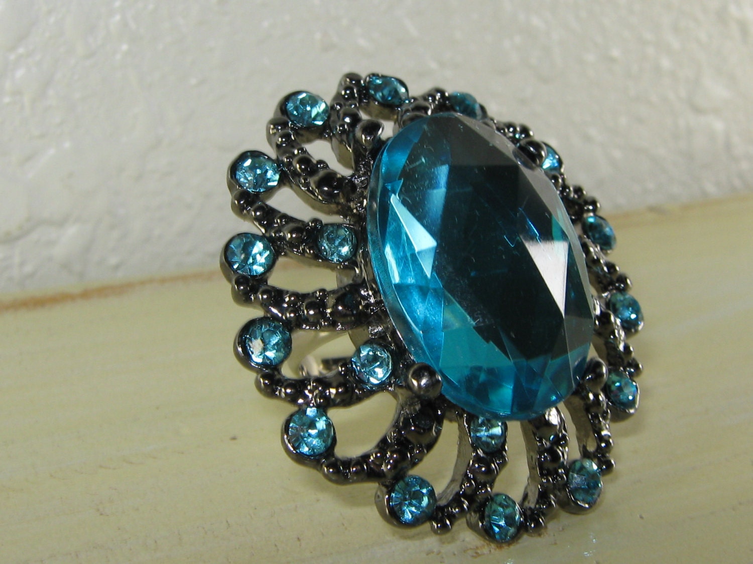 Blue Topaz Glass Ring - Silver, Cocktail Ring, Large Oval Shaped, Blue Rhinestones, Big Ring, adjustable