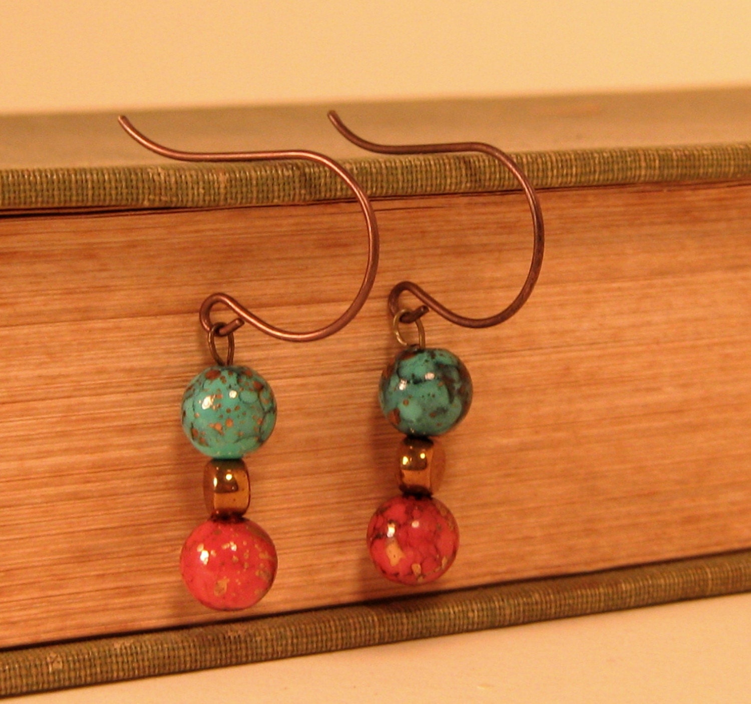 Blue and Cooper Glass Bead Earrings - Simple Elegance - Dangle