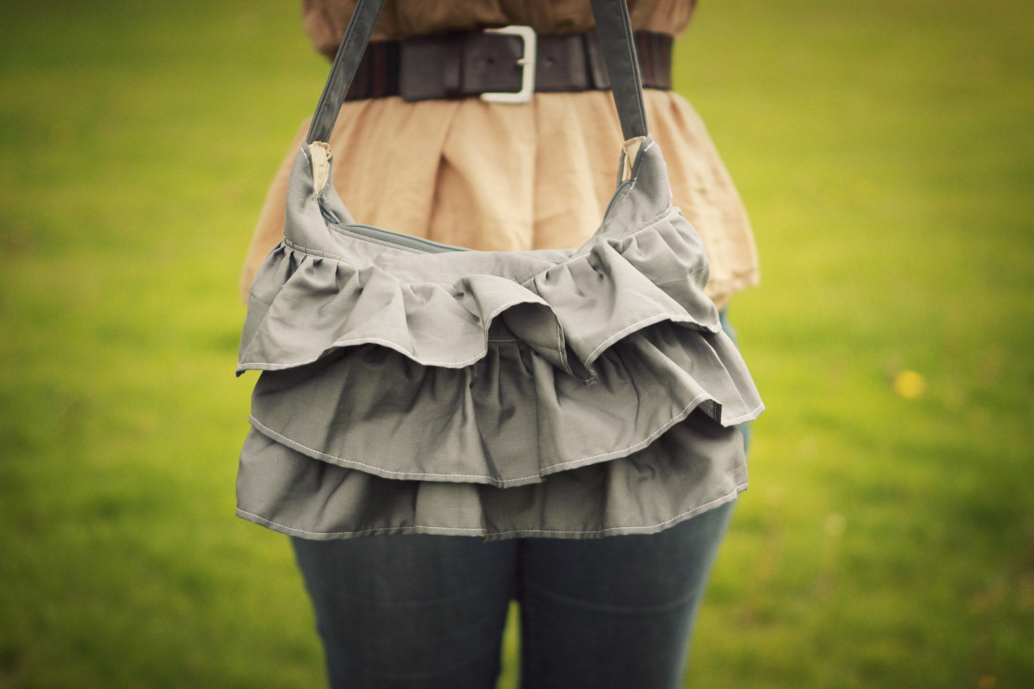 Grey Ruffled Hobo Purse - Zip Top -  Shoulder Strap